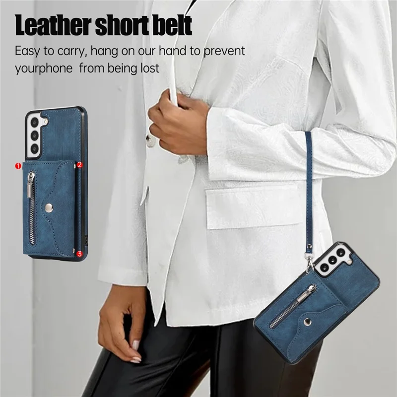For Samsung Galaxy S21 FE 5G Smartphone Case Kickstand PU Leather+TPU Shell with RFID Blocking Card Bag - Blue