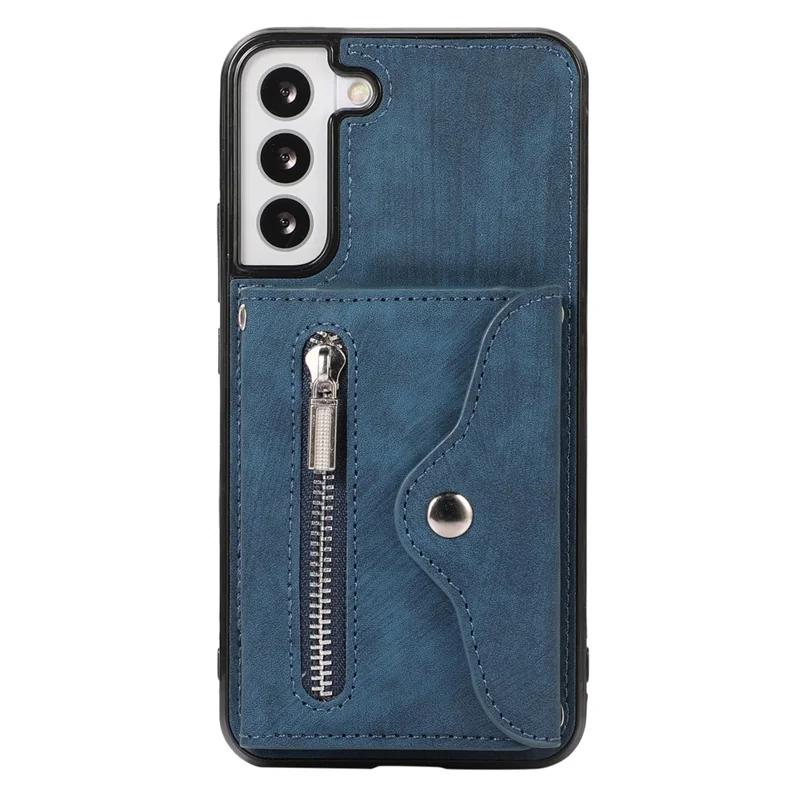 For Samsung Galaxy S21 FE 5G Smartphone Case Kickstand PU Leather+TPU Shell with RFID Blocking Card Bag - Blue