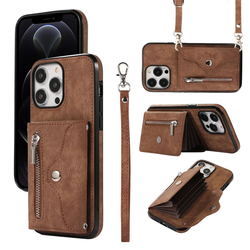 For iPhone 12 / 12 Pro 6.1 inch PU Leather+TPU Phone Case Kickstand Cover with RFID Blocking Card Bag - Brown