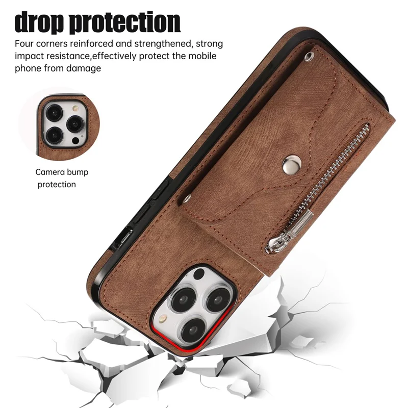 For iPhone 12 / 12 Pro 6.1 inch PU Leather+TPU Phone Case Kickstand Cover with RFID Blocking Card Bag - Brown