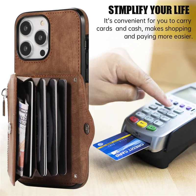For iPhone 12 / 12 Pro 6.1 inch PU Leather+TPU Phone Case Kickstand Cover with RFID Blocking Card Bag - Brown
