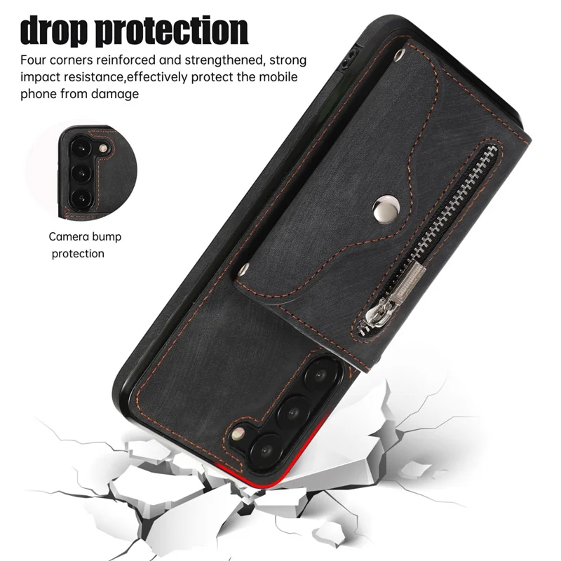 Anti-Dust PU Leather+TPU Phone Case for Samsung Galaxy S23 RFID Blocking Card Bag Kickstand Cover - Black