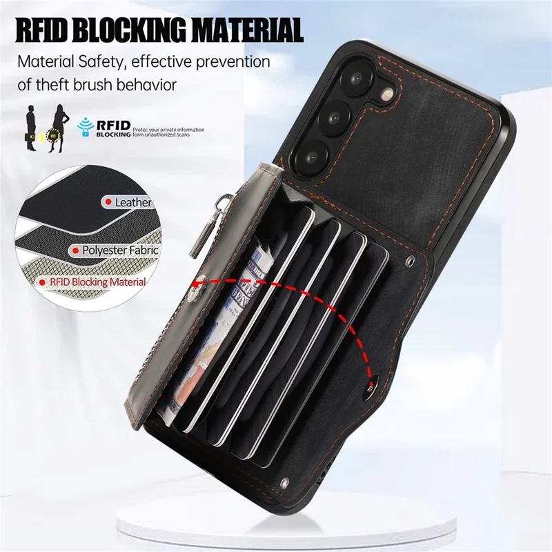 Anti-Dust PU Leather+TPU Phone Case for Samsung Galaxy S23 RFID Blocking Card Bag Kickstand Cover - Black