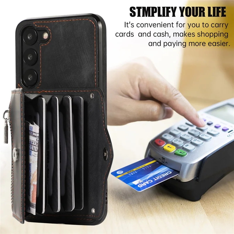 Anti-Dust PU Leather+TPU Phone Case for Samsung Galaxy S23 RFID Blocking Card Bag Kickstand Cover - Black