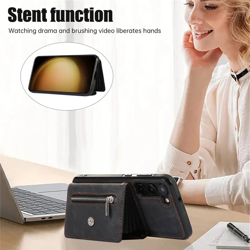 Anti-Dust PU Leather+TPU Phone Case for Samsung Galaxy S23 RFID Blocking Card Bag Kickstand Cover - Black