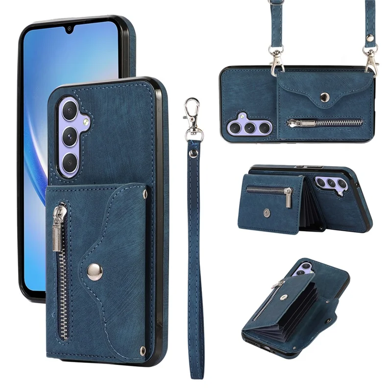 For Samsung Galaxy A34 5G Anti-Scratch Phone Case Kickstand PU Leather+TPU RFID Blocking Card Bag Cover - Blue