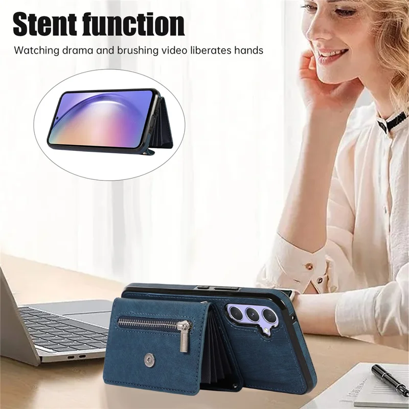 For Samsung Galaxy A34 5G Anti-Scratch Phone Case Kickstand PU Leather+TPU RFID Blocking Card Bag Cover - Blue