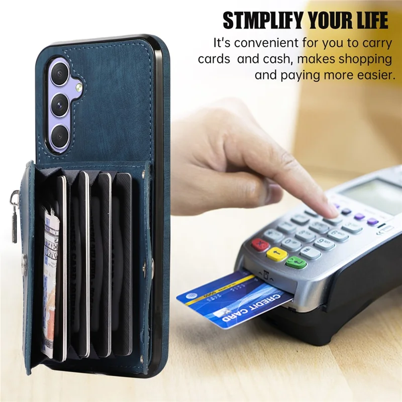 For Samsung Galaxy A34 5G Anti-Scratch Phone Case Kickstand PU Leather+TPU RFID Blocking Card Bag Cover - Blue