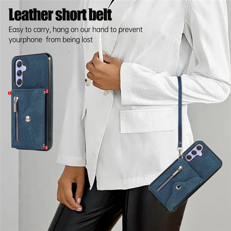 For Samsung Galaxy A34 5G Anti-Scratch Phone Case Kickstand PU Leather+TPU RFID Blocking Card Bag Cover - Blue