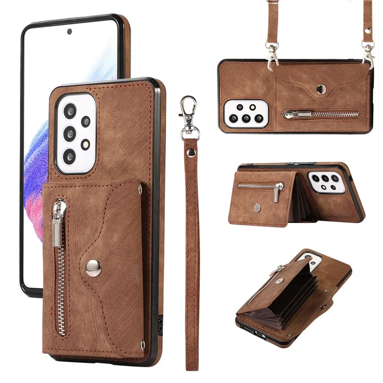 Pour Samsung Galaxy A53 5G Anti-Fingerprint Cover Kickstand PU Leather+TPU Cell Phone Case with RFID Blocking Card Bag - Marron