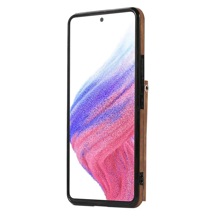 Pour Samsung Galaxy A53 5G Anti-Fingerprint Cover Kickstand PU Leather+TPU Cell Phone Case with RFID Blocking Card Bag - Marron