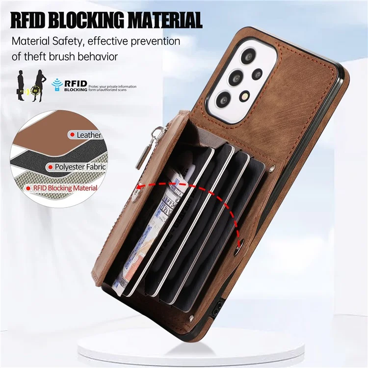 Pour Samsung Galaxy A53 5G Anti-Fingerprint Cover Kickstand PU Leather+TPU Cell Phone Case with RFID Blocking Card Bag - Marron