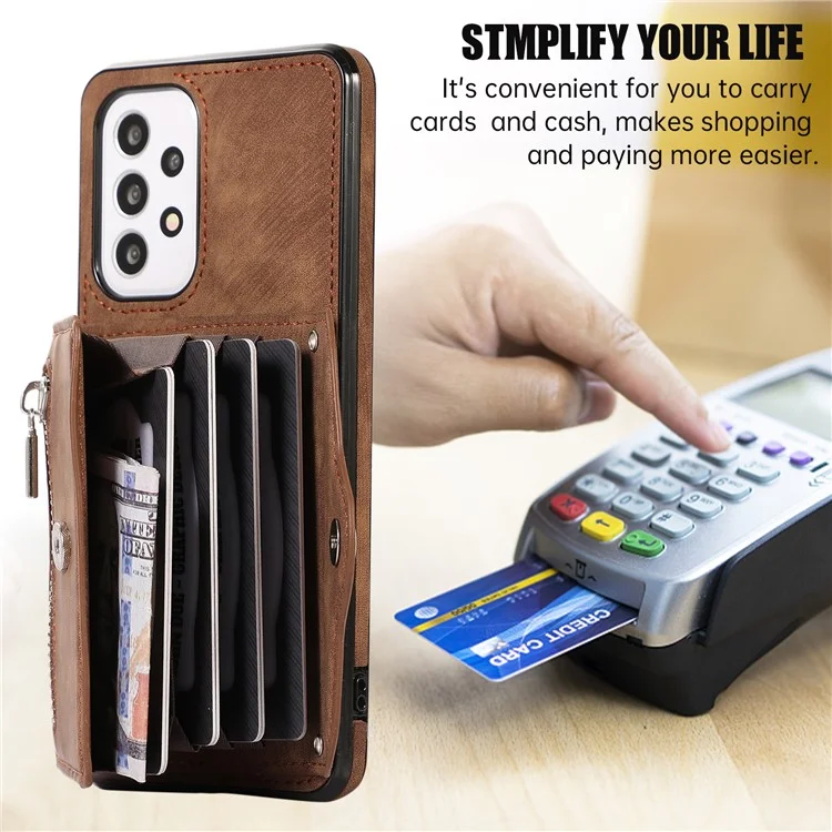 Pour Samsung Galaxy A53 5G Anti-Fingerprint Cover Kickstand PU Leather+TPU Cell Phone Case with RFID Blocking Card Bag - Marron
