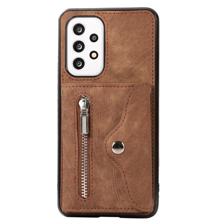 Pour Samsung Galaxy A53 5G Anti-Fingerprint Cover Kickstand PU Leather+TPU Cell Phone Case with RFID Blocking Card Bag - Marron