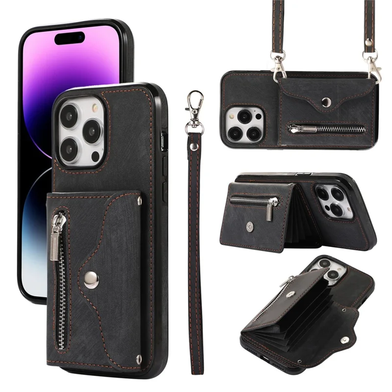 For iPhone 14 Pro PU Leather+TPU Scratch Proof Phone Case Kickstand Cover with RFID Blocking Card Bag - Black