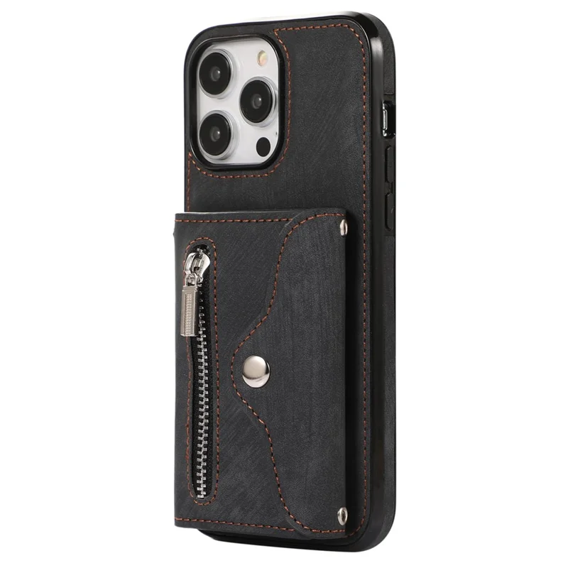 For iPhone 14 Pro PU Leather+TPU Scratch Proof Phone Case Kickstand Cover with RFID Blocking Card Bag - Black
