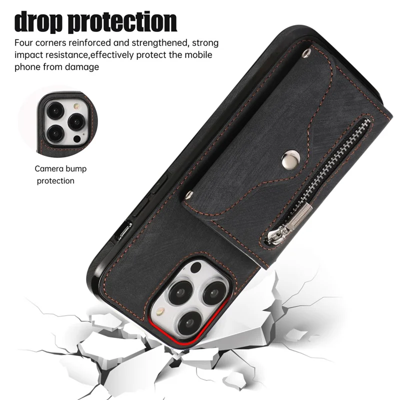 For iPhone 14 Pro PU Leather+TPU Scratch Proof Phone Case Kickstand Cover with RFID Blocking Card Bag - Black