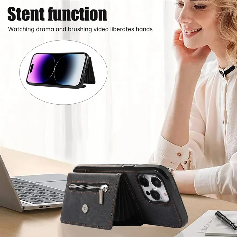 For iPhone 14 Pro PU Leather+TPU Scratch Proof Phone Case Kickstand Cover with RFID Blocking Card Bag - Black