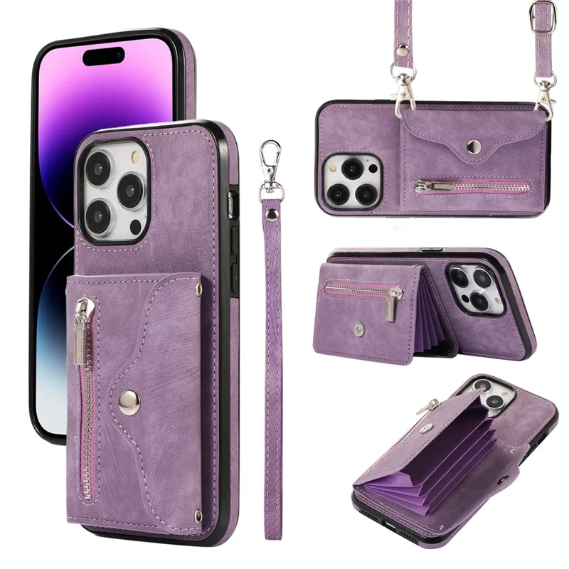 For iPhone 14 Pro Max PU Leather+TPU Phone Case Kickstand Back Cover with RFID Blocking Card Bag - Purple