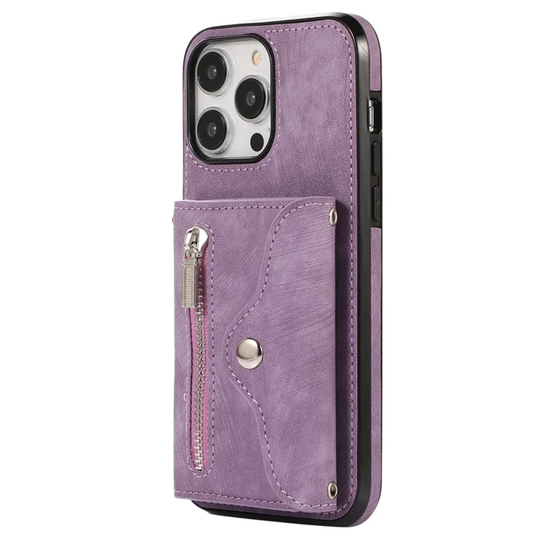 For iPhone 14 Pro Max PU Leather+TPU Phone Case Kickstand Back Cover with RFID Blocking Card Bag - Purple