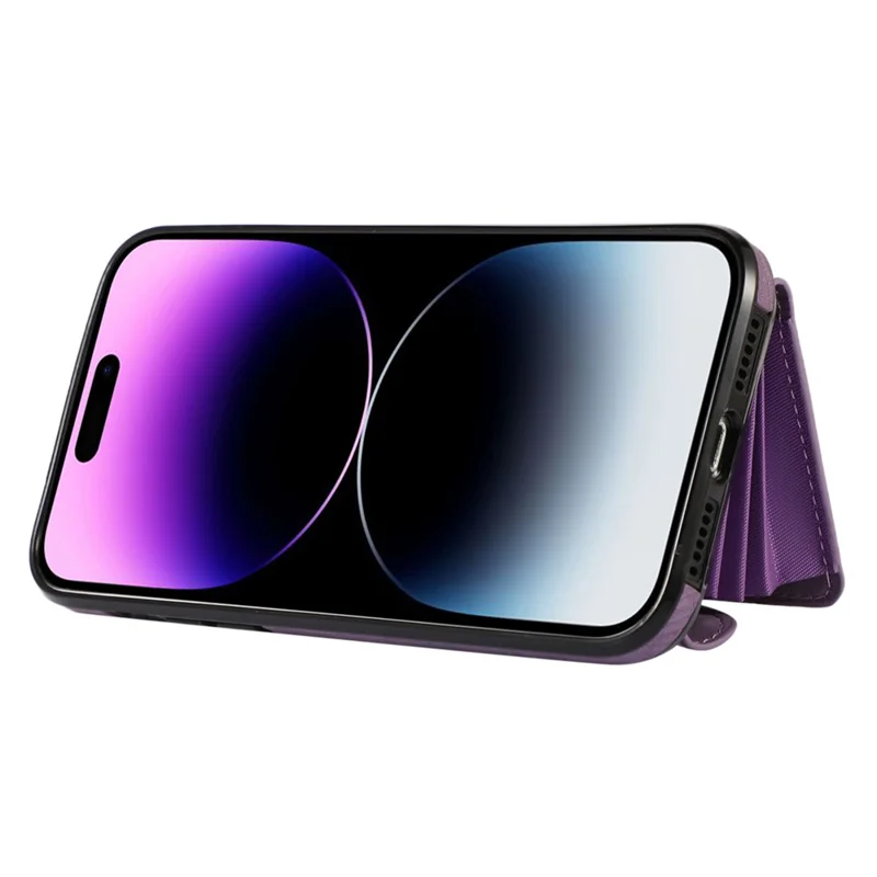 For iPhone 14 Pro Max PU Leather+TPU Phone Case Kickstand Back Cover with RFID Blocking Card Bag - Purple