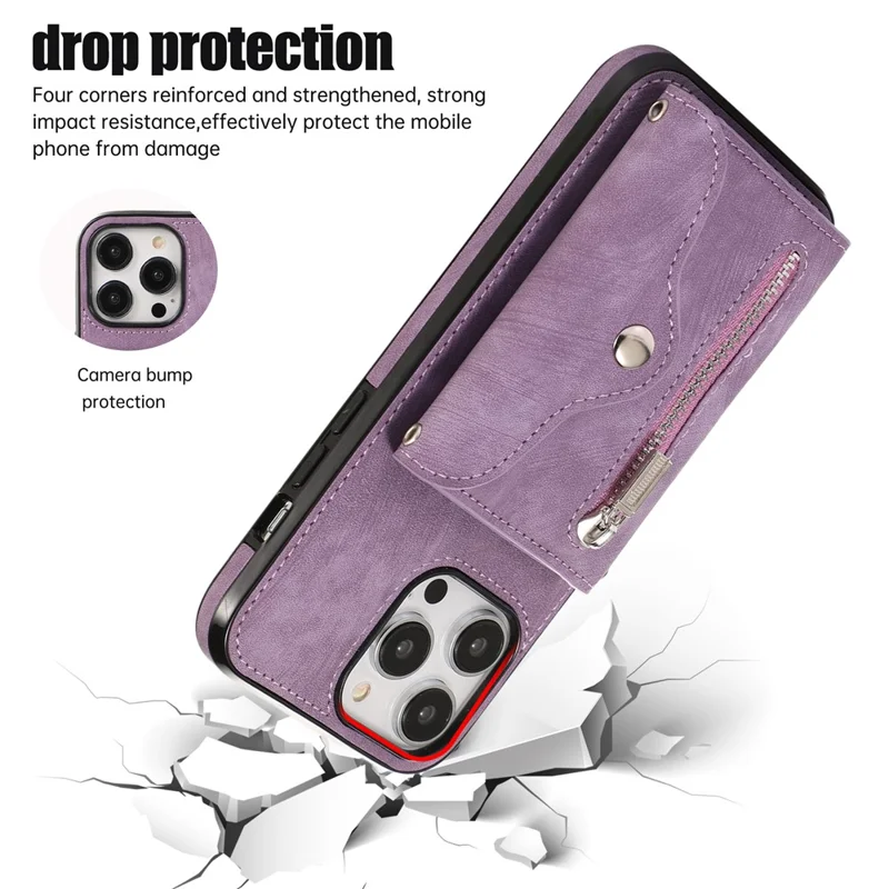 For iPhone 14 Pro Max PU Leather+TPU Phone Case Kickstand Back Cover with RFID Blocking Card Bag - Purple