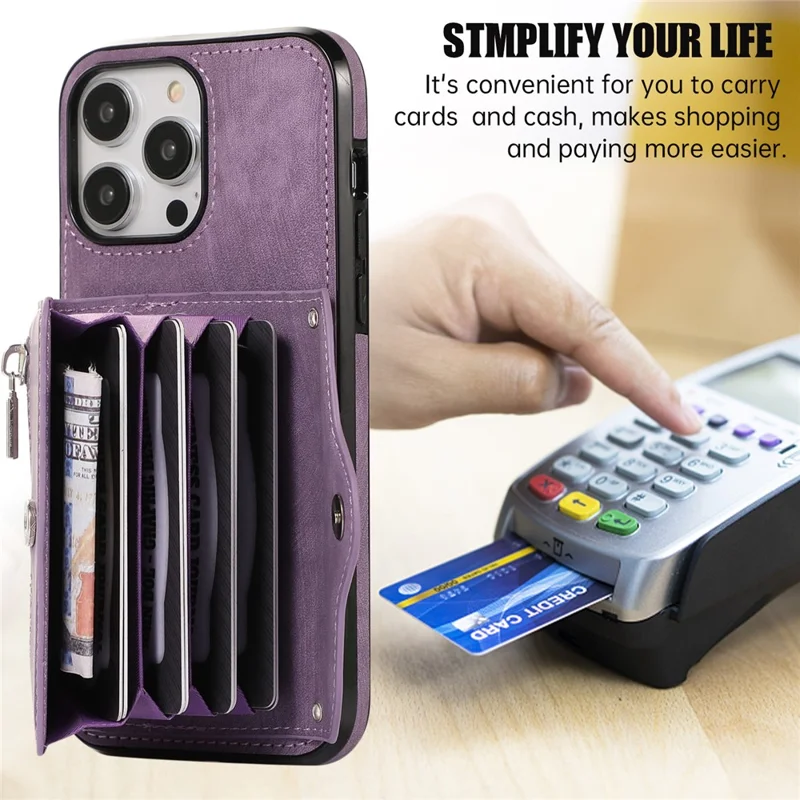 For iPhone 14 Pro Max PU Leather+TPU Phone Case Kickstand Back Cover with RFID Blocking Card Bag - Purple