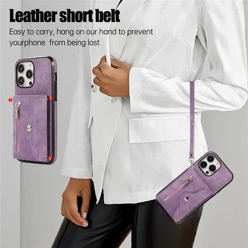 For iPhone 14 Pro Max PU Leather+TPU Phone Case Kickstand Back Cover with RFID Blocking Card Bag - Purple