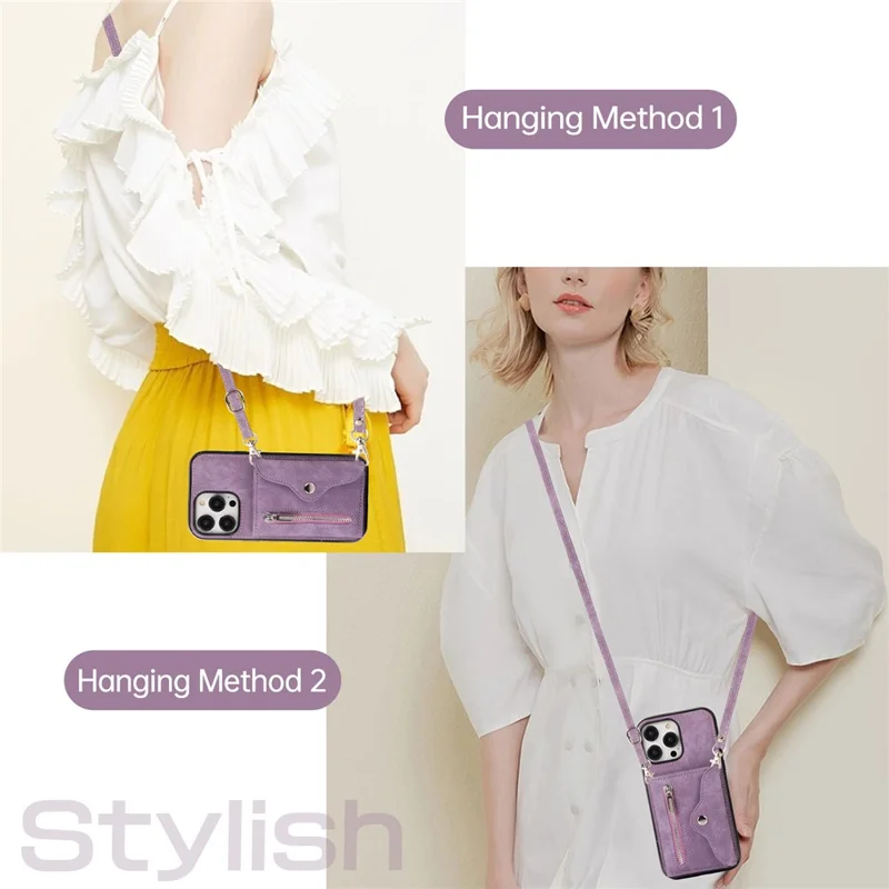 For iPhone 14 Pro Max PU Leather+TPU Phone Case Kickstand Back Cover with RFID Blocking Card Bag - Purple