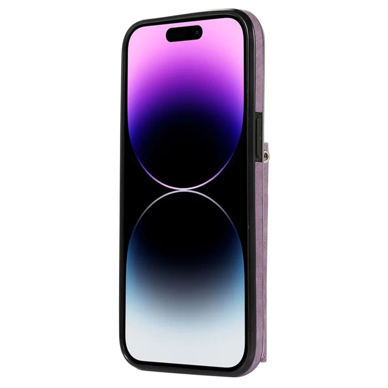 For iPhone 14 Pro Max PU Leather+TPU Phone Case Kickstand Back Cover with RFID Blocking Card Bag - Purple