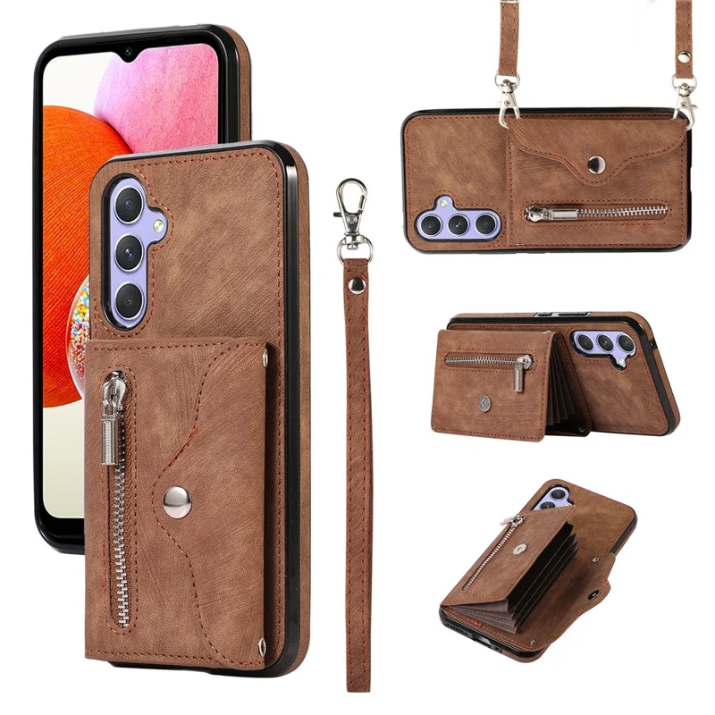 Voor Samsung Galaxy A14 4G / 5G telefoonhoesje met RFID-blokkering, kaartenhouder, standaard, PU-leer+TPU-hoes - Bruin