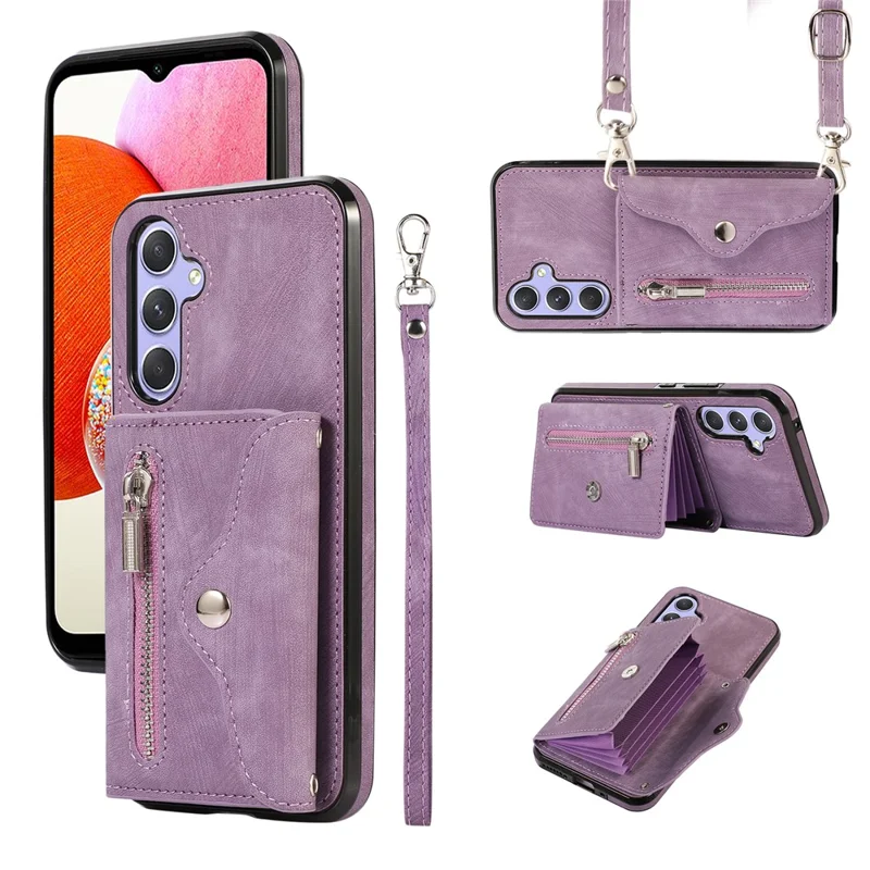 For Samsung Galaxy A14 4G / 5G Phone Carrying Pouch RFID Blocking Card Bag Kickstand PU Leather+TPU Case - Purple