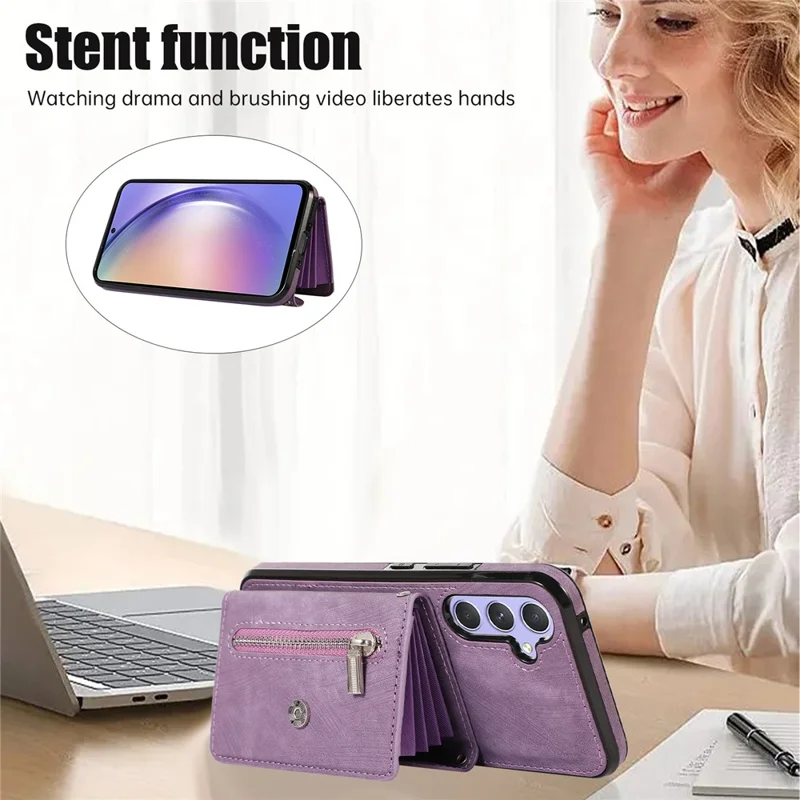 For Samsung Galaxy A14 4G / 5G Phone Carrying Pouch RFID Blocking Card Bag Kickstand PU Leather+TPU Case - Purple