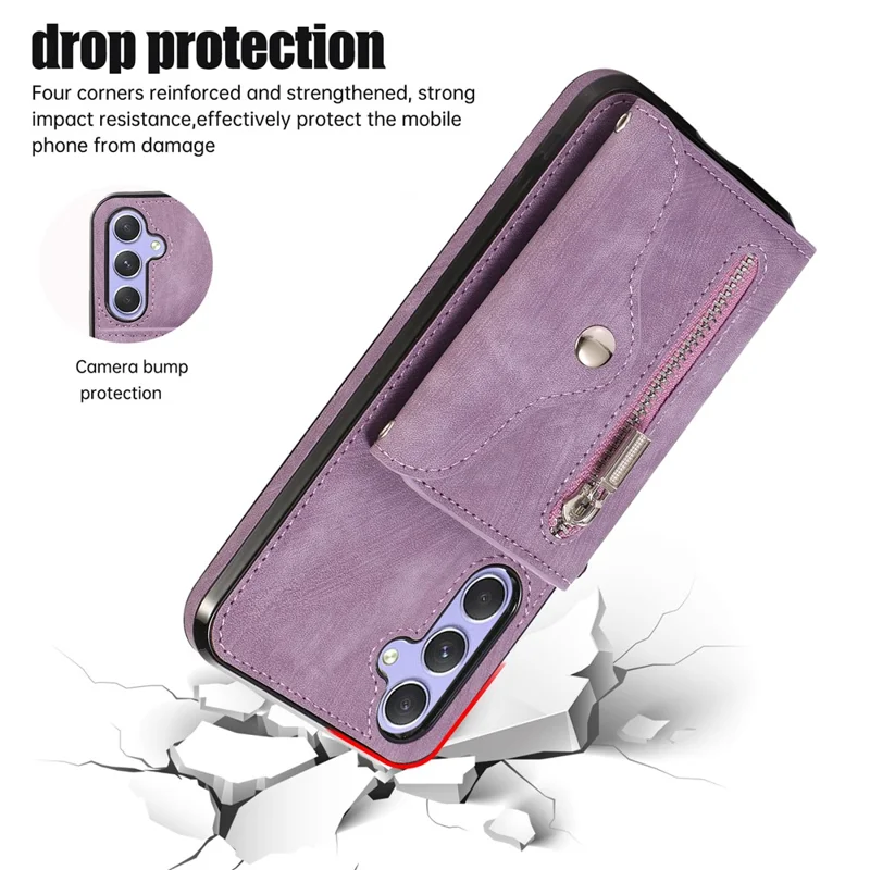 For Samsung Galaxy A14 4G / 5G Phone Carrying Pouch RFID Blocking Card Bag Kickstand PU Leather+TPU Case - Purple