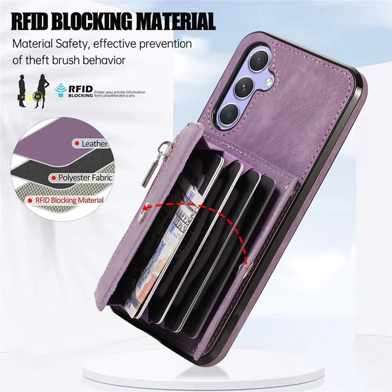For Samsung Galaxy A14 4G / 5G Phone Carrying Pouch RFID Blocking Card Bag Kickstand PU Leather+TPU Case - Purple