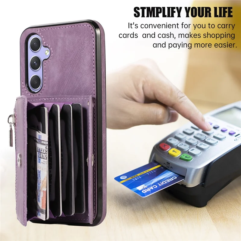 For Samsung Galaxy A14 4G / 5G Phone Carrying Pouch RFID Blocking Card Bag Kickstand PU Leather+TPU Case - Purple