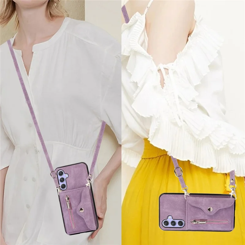 For Samsung Galaxy A14 4G / 5G Phone Carrying Pouch RFID Blocking Card Bag Kickstand PU Leather+TPU Case - Purple