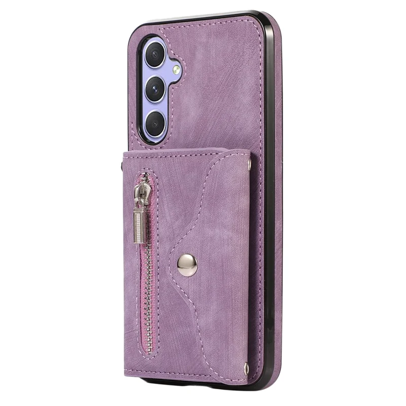 For Samsung Galaxy A14 4G / 5G Phone Carrying Pouch RFID Blocking Card Bag Kickstand PU Leather+TPU Case - Purple