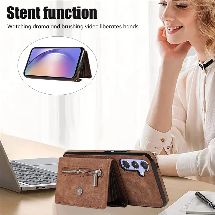 Smartphone Case for Samsung Galaxy A13 5G PU Leather+TPU Kickstand Shell with RFID Blocking Card Bag - Brown
