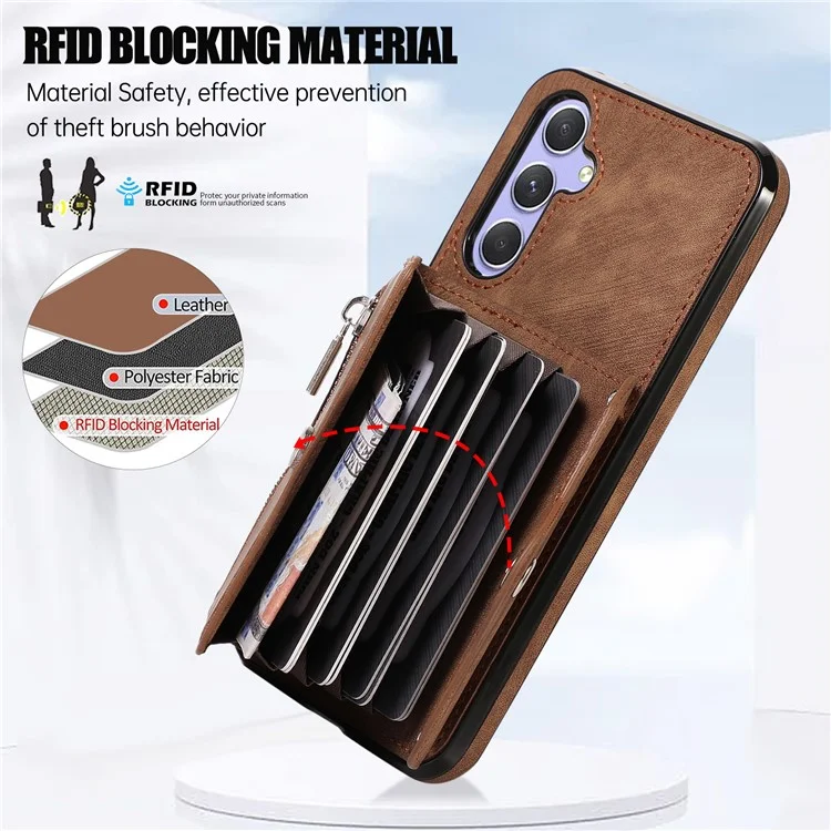 Smartphone Case for Samsung Galaxy A13 5G PU Leather+TPU Kickstand Shell with RFID Blocking Card Bag - Brown