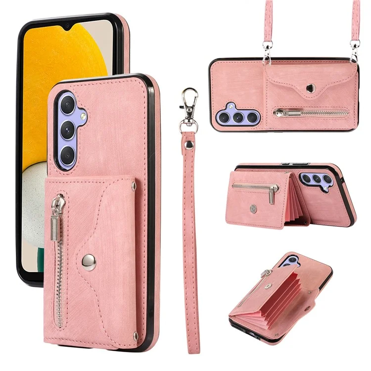 Smartphone Case for Samsung Galaxy A13 5G PU Leather+TPU Kickstand Shell with RFID Blocking Card Bag - Rose Gold