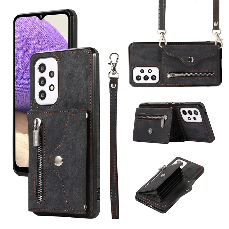 Phone Case for Samsung Galaxy A32 5G / M32 5G PU Leather+TPU Shell with RFID Blocking Card Bag and Kickstand - Black