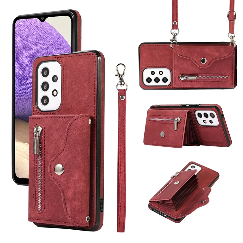 Phone Case for Samsung Galaxy A32 5G / M32 5G PU Leather+TPU Shell with RFID Blocking Card Bag and Kickstand - Red