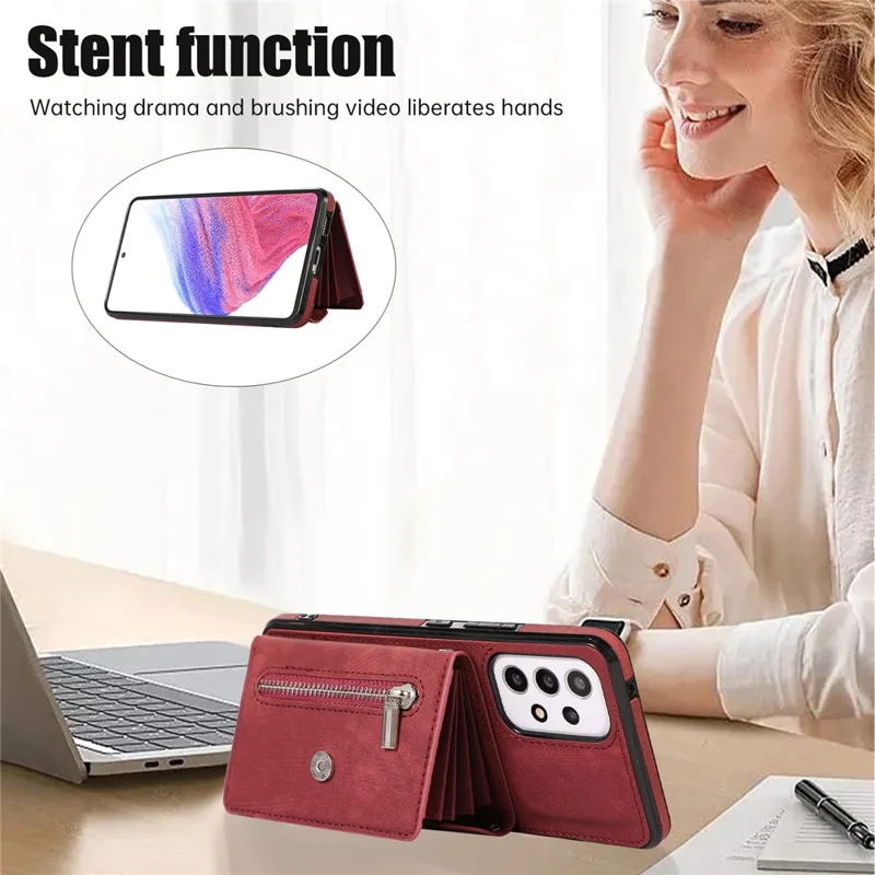 Phone Case for Samsung Galaxy A32 5G / M32 5G PU Leather+TPU Shell with RFID Blocking Card Bag and Kickstand - Red