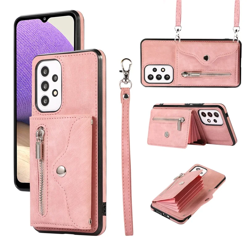 Phone Case for Samsung Galaxy A32 5G / M32 5G PU Leather+TPU Shell with RFID Blocking Card Bag and Kickstand - Rose Gold