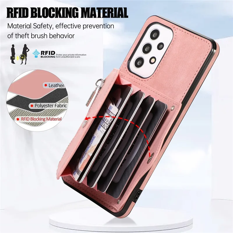 Phone Case for Samsung Galaxy A32 5G / M32 5G PU Leather+TPU Shell with RFID Blocking Card Bag and Kickstand - Rose Gold