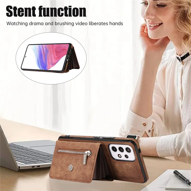 Phone Case for Samsung Galaxy A32 5G / M32 5G PU Leather+TPU Shell with RFID Blocking Card Bag and Kickstand - Brown