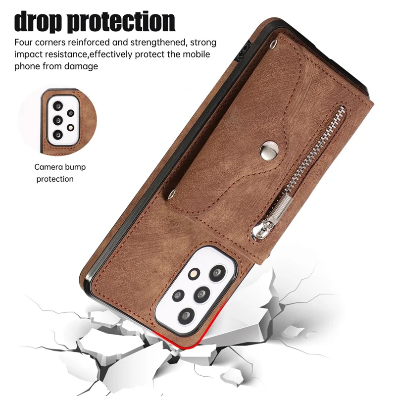 Phone Case for Samsung Galaxy A32 5G / M32 5G PU Leather+TPU Shell with RFID Blocking Card Bag and Kickstand - Brown