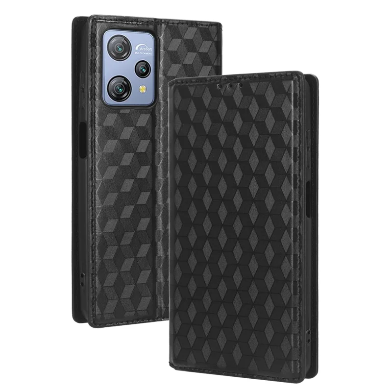 Phone Case for Blackview A53 / A53 Pro Stand Wallet PU Leather Rhombus Imprinted Anti-drop Cover - Black