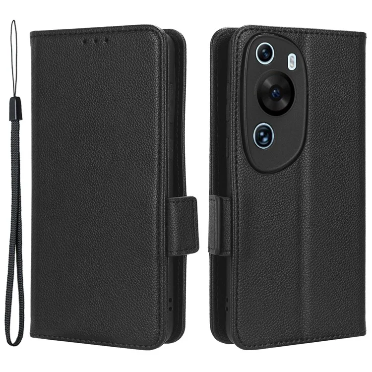 Funda de Piel con Textura de Litchi para Huawei P60 Antiarañazos Soporte Billetera de Teléfono - Negro